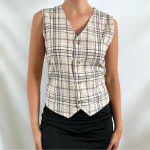 Vintage 90s plaid vest top blouse cream tan brown neutral silk NWT deadstock M